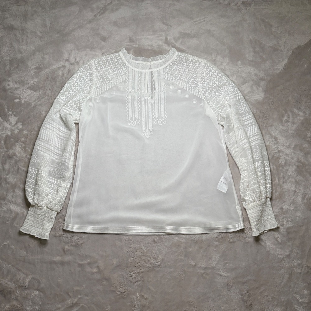 Sheer Lace Embroidered Top Size M White Smocked Cuff Boho Coquette Romantic